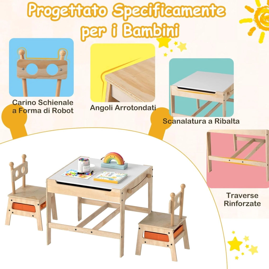 4 in 1 Set Tavolo e Sedie per Bambini 3+ Anni, Tavolo in Legno con Lavagna Reversibile Bianca e Nera, Sedie Ergonomiche con 2 Cassetti Portaoggetti, Ideale per Arti, Mestieri e Giochi (Robot)