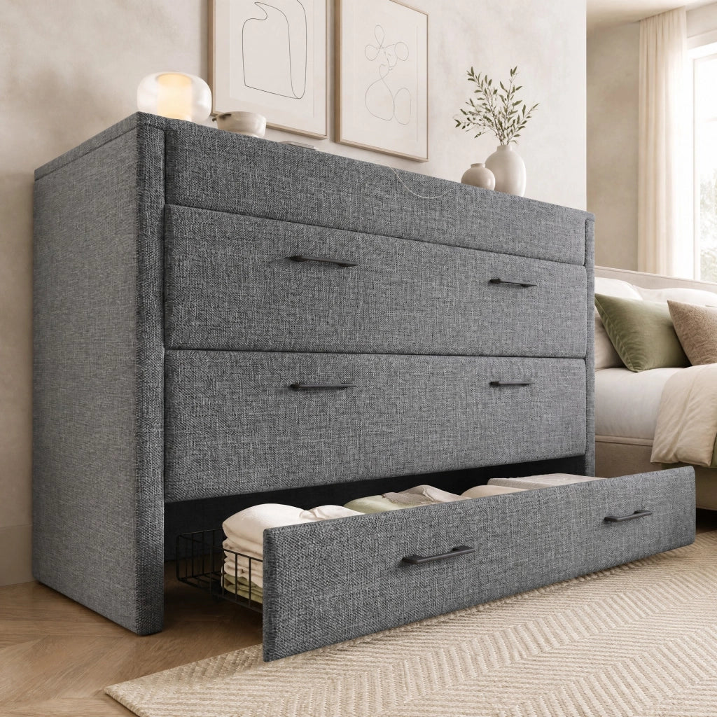 Letto a scomparsa 140x200 cm grigio in lino con cassetto USB-C