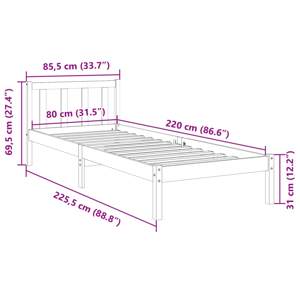 Letto Extra Lungo senza Materasso Bianco 80x220 cm in Pino