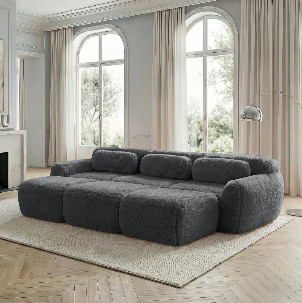 Divano modulare 3 posti Boneless Cloud in tessuto vellutato grigio con 3 pouf
