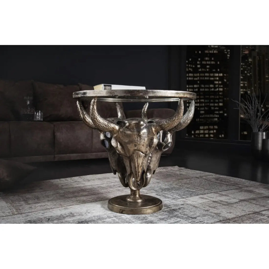 Tavolino basso TAURVIK rotondo 56 cm in alluminio bronzo e vetro stile barocco
