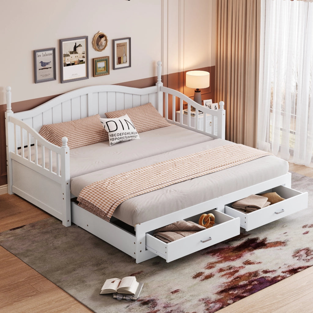 OKWISH Letto Divano Letto Singolo con 2 Cassetti, Schienale Curvo e Braccioli, 90×190 cm e 180×190 cm, senza Materasso, Legno, Bianco