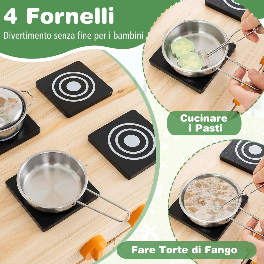 Cucina Giocattolo per Giardino in Legno di Abete, Cucina per Fango da Esterno con Tettoia, Fornelli, Ganci, 4 Lavagne e Lavello, Set Cucina con 5 Accessori, 88 x 39 x 117 cm