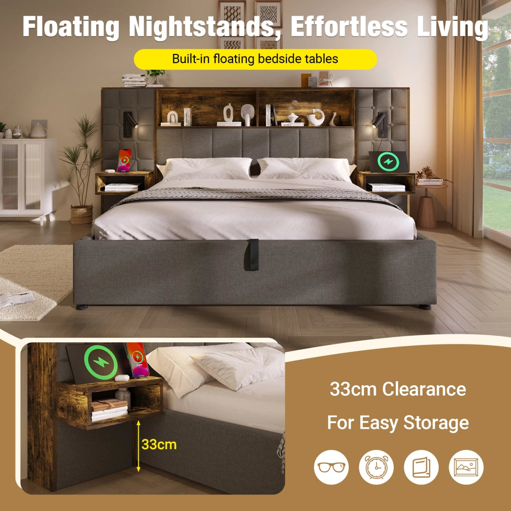 Letto contenitore 180 × 200 cm con LED, 2 lampade da lettura, USB Type-C, 2 comodini, senza materasso
