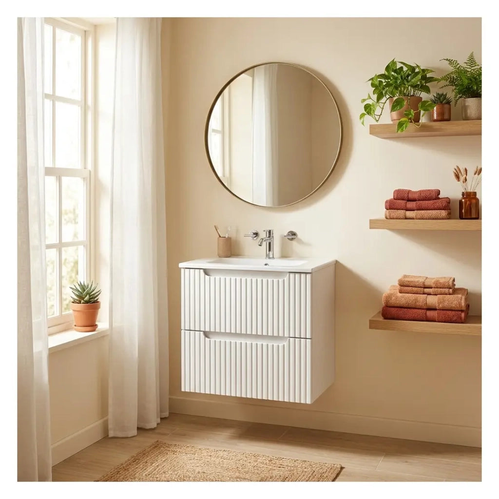 Set da bagno sospeso VANO bianco 50cm: mobile sottolavabo con cassetti scanalati + lavabo incassato bianco