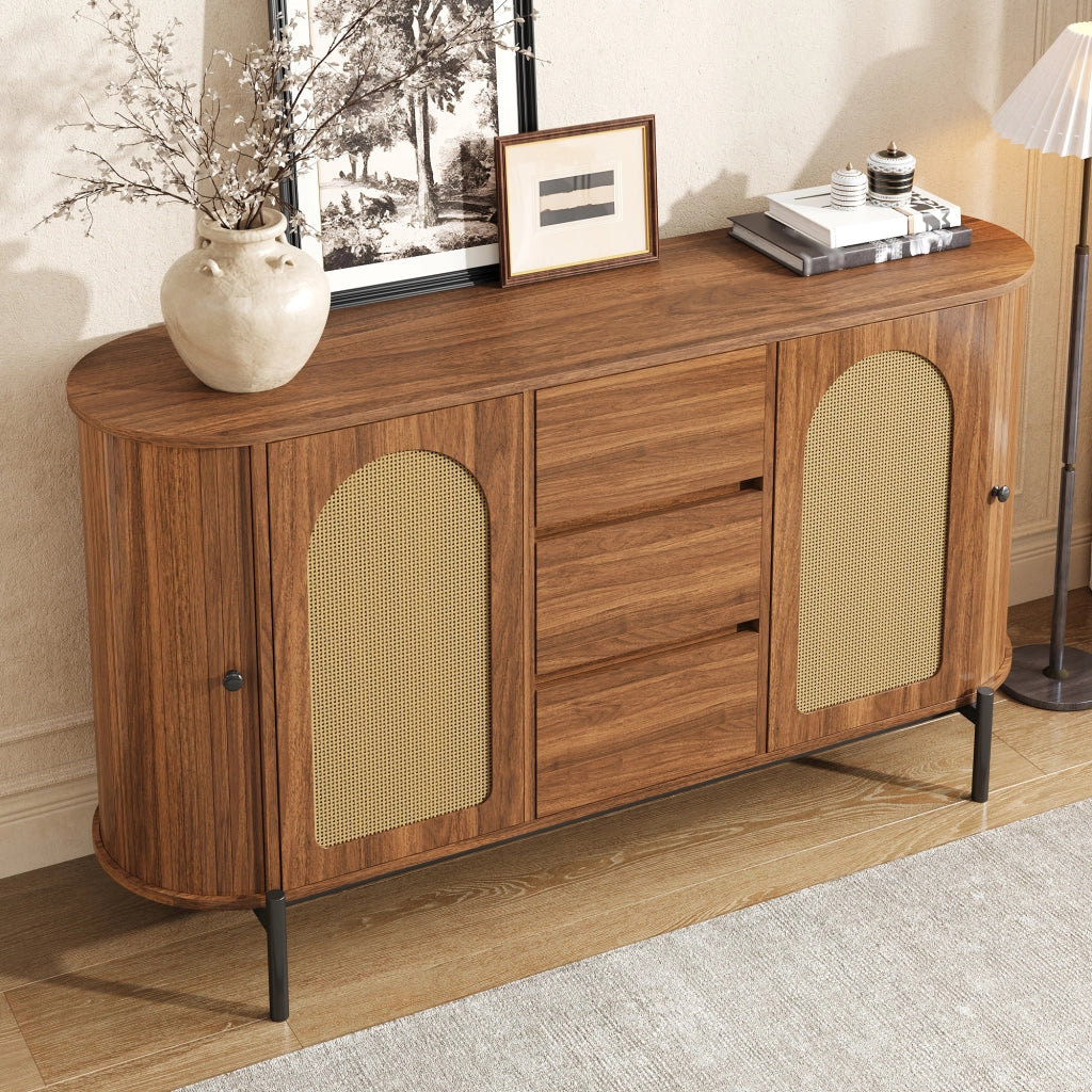 Credenza ovale con ante scorrevoli, 3 cassetti e ripiani regolabili per soggiorno, in MDF, noce, 140 × 38 × 77,5 cm