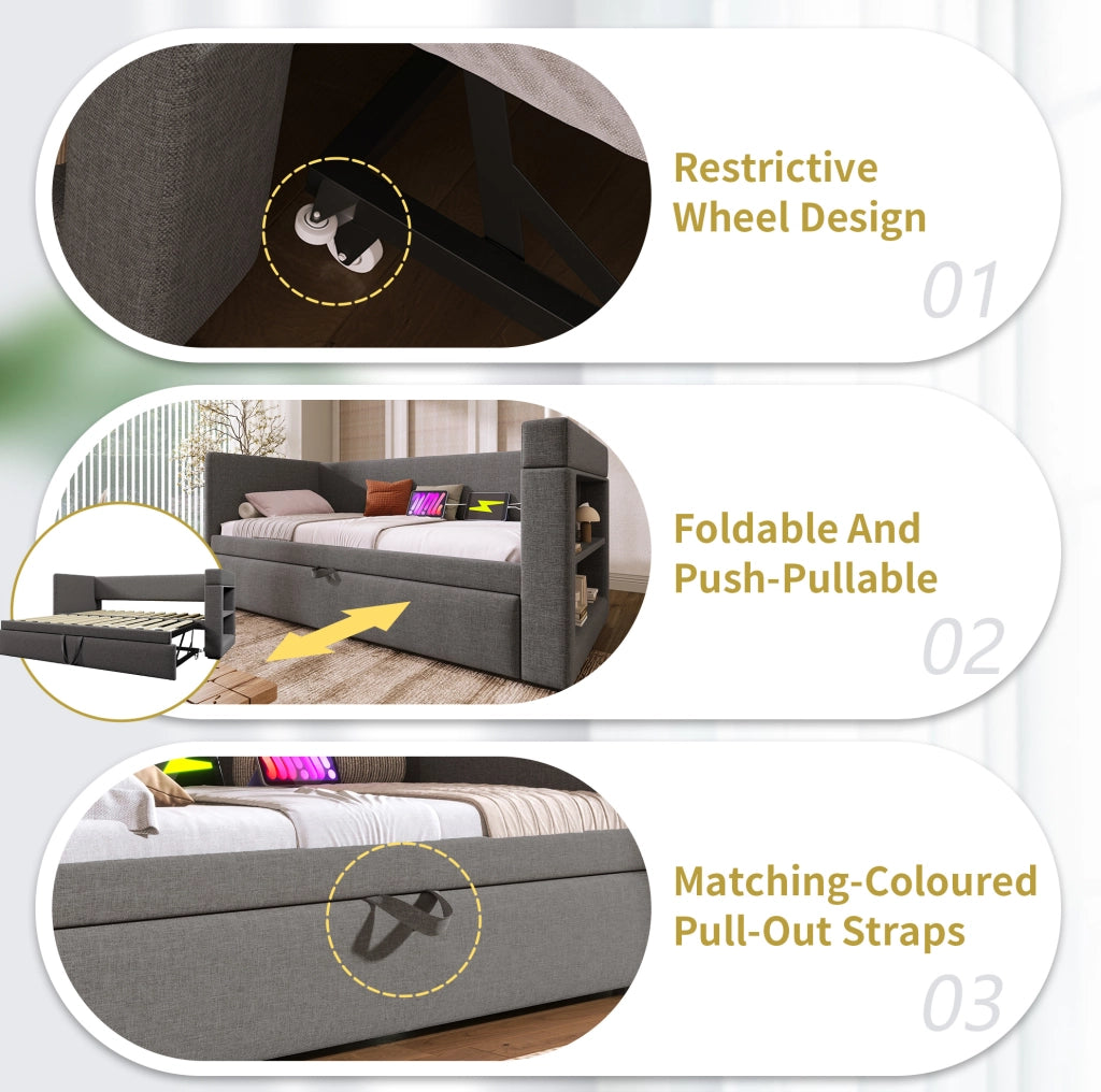 Divano letto estraibile ULEVR 90x190 cm con USB, Type-C, portabevande e vani laterali, grigio