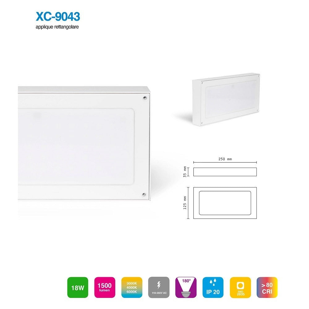 Trade Shop - Applique Led 18 W Slim A Parete Rettangolare Luce Naturale Fredda Calda Xc-9043 -