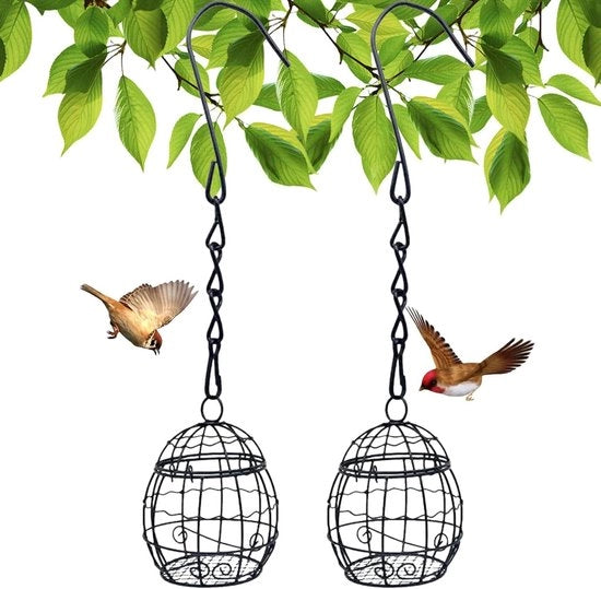 Vetbollenhouder per Vogelvoer, 2-pack, metallo nero con S-haken, ideale per esterni in giardino per uccelli selvatici come storni, passeri e merli.
