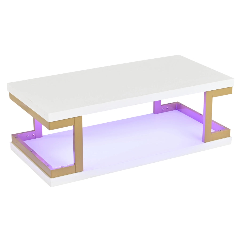 Tavolino da caffè 100x50x37.5 cm con illuminazione LED in MDF e metallo bianco e oro