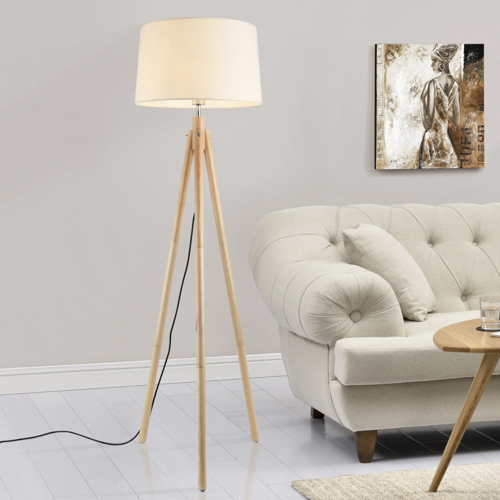 Lampada da Terra in Stile Treppiede Alta 153 cm Piantana Tripode con Paralume Conico in Tessuto Bianco e Gambe in Legno, Metallo - lux.pro