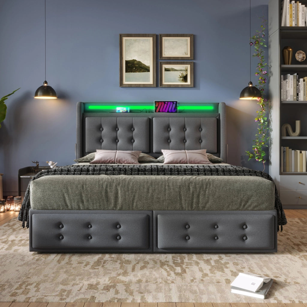 Letto matrimoniale imbottito 140x200 cm in cotone e lino grigio con LED e USB