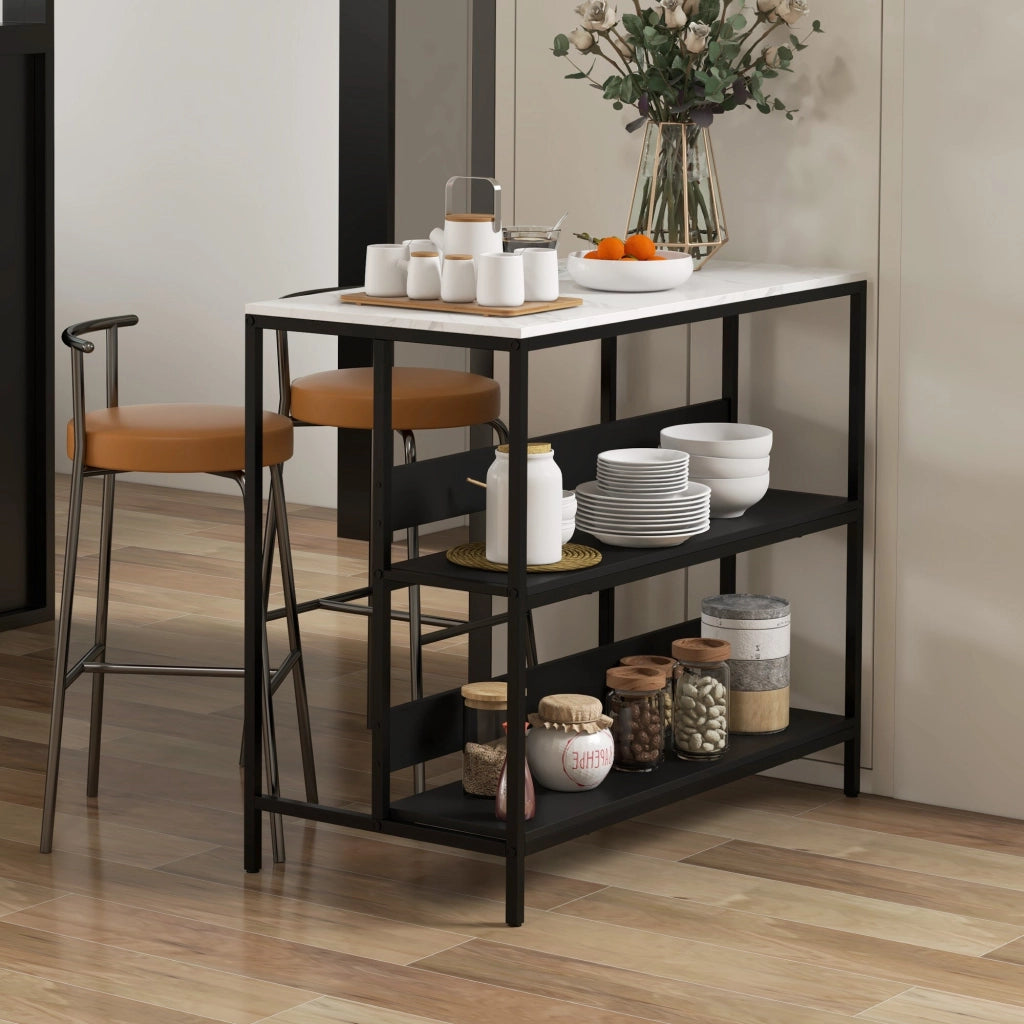 Isola da Cucina con Mensole, Piano Effetto Marmo 100x50x90 cm Struttura in Metallo Nero e Bianco
