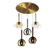 SOSP. OTTONE SAT. TONDA 5 LUCI VETRI TUTTI PICCOLO TRASPARENTE AMBRA CROMO ORO RAME 1155OS-S5 TP-MC