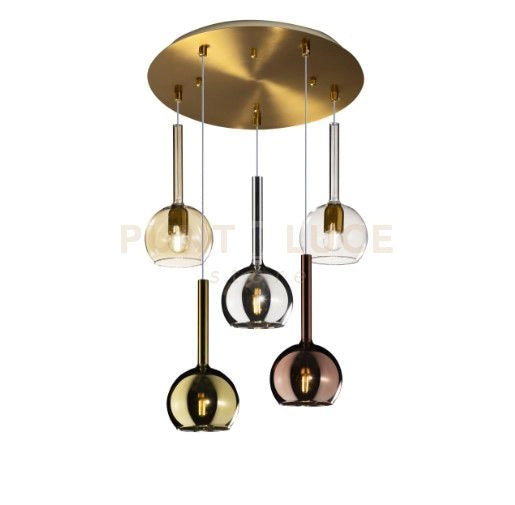 SOSP. OTTONE SAT. TONDA 5 LUCI VETRI TUTTI PICCOLO TRASPARENTE AMBRA CROMO ORO RAME 1155OS-S5 TP-MC