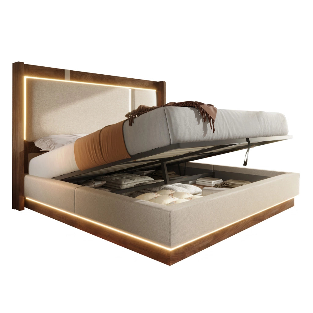 Letto matrimoniale 140x200 cm con contenitore; LED e testiera imbottita in lino beige e noce