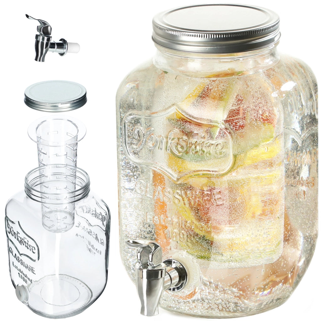 Barattolo KADAX con rubinetto da 4 litri in vetro con inserto per bevande come acqua, limonata e succo di frutta.