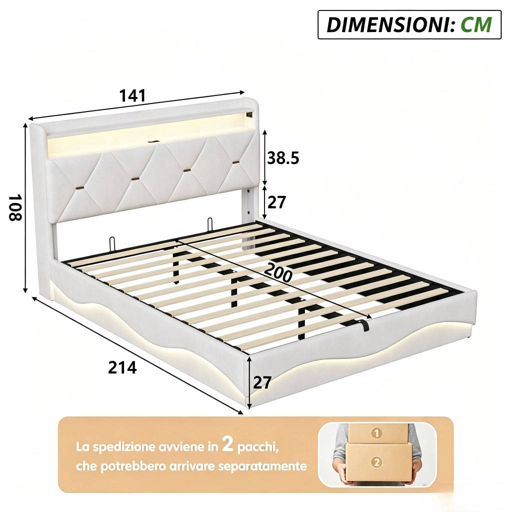 Letto una piazza e mezza 140x200 cm con contenitore LED USB Type-C testiera rete a doghe tessuto - beige