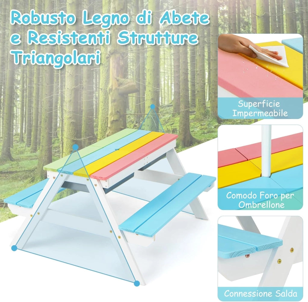 Set Tavolo e Sedie per Bambini da Giardino 3 in 1, con Ombrellone Rimovibile e Regolabile, Piano Rimovibile, Tavolo con Panche in Legno per Bambini da Interno Esterno (Blu e Bianco)