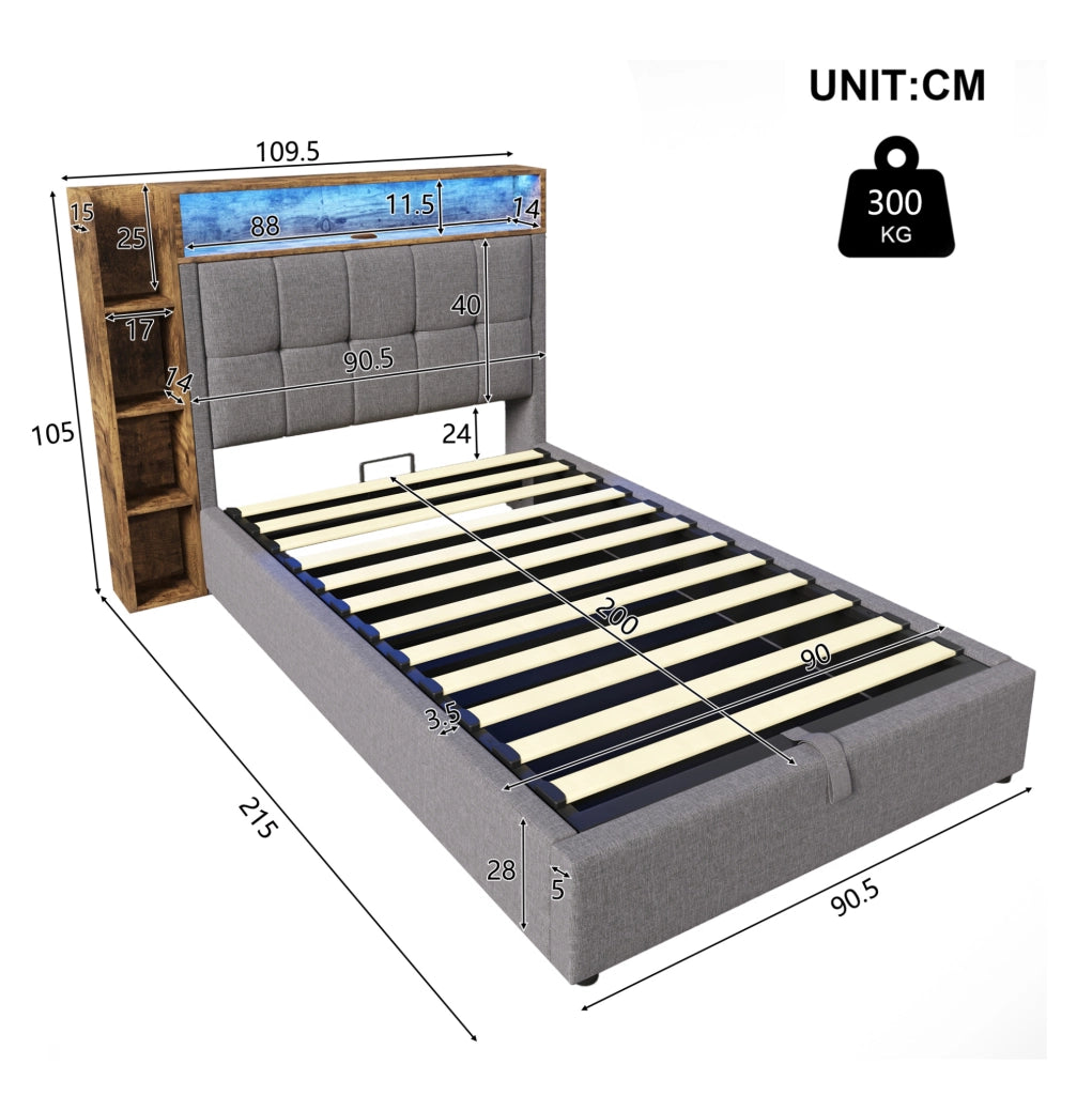 Letto imbottito 90x200 cm con USB e Type-C; contenitore idraulico; LED; grigio