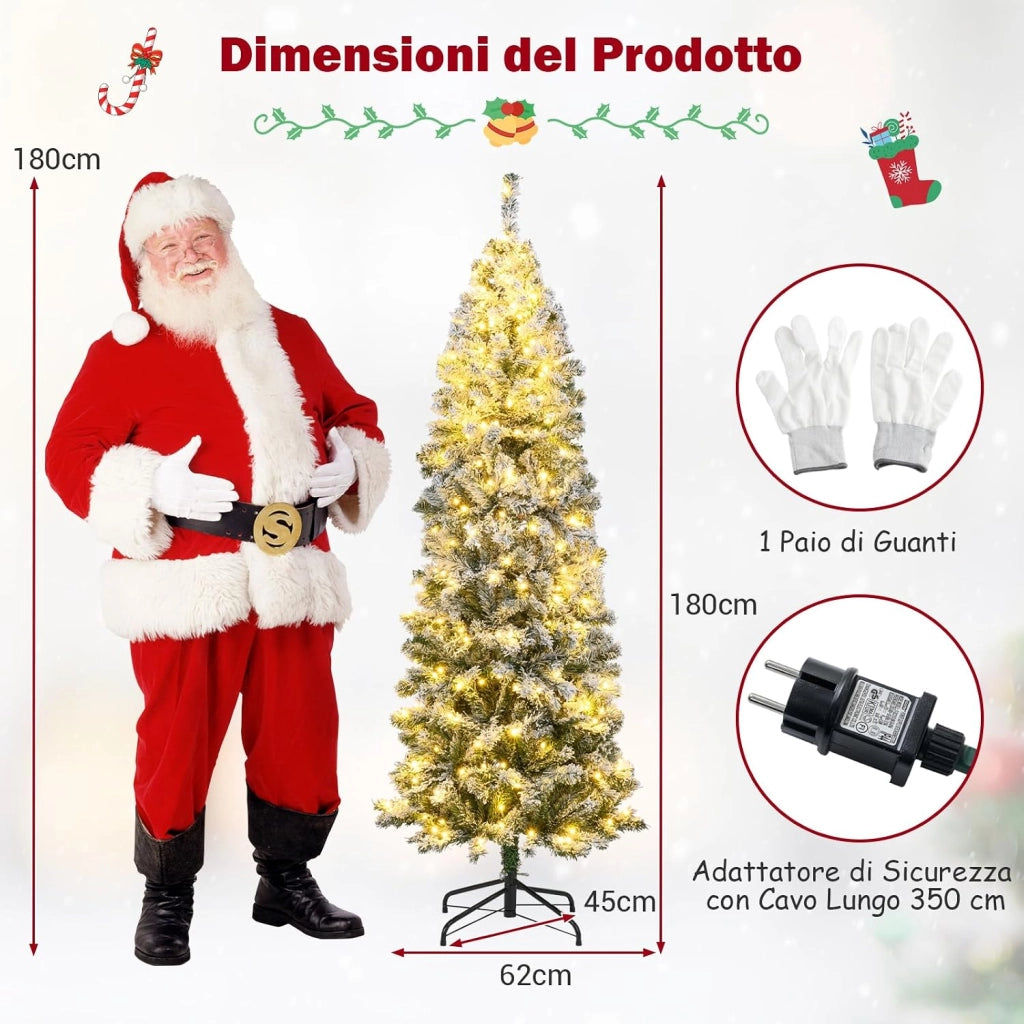 Albero di Natale Slim 180cm, Albero di Natale Innevato con 260 Luci LED, 8 Modalità, 533 Rami in PVC e Base in Metallo Pieghevole, Decorazione Natalizia per Casa e Ufficio (180 cm)