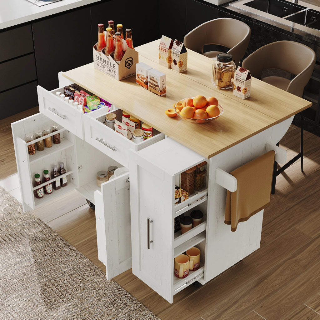 OKWISH Isola da Cucina con Piano Pieghevole e Ruote con Freno Armadietti Contenitore per Cucina in MDF Metallo Bianco
