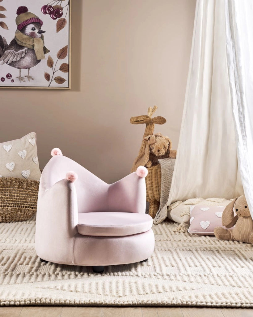 Sedia Tappezzata in velluto rosa pastello con braccioli Seduta per bambini Design moderno Forma a corona