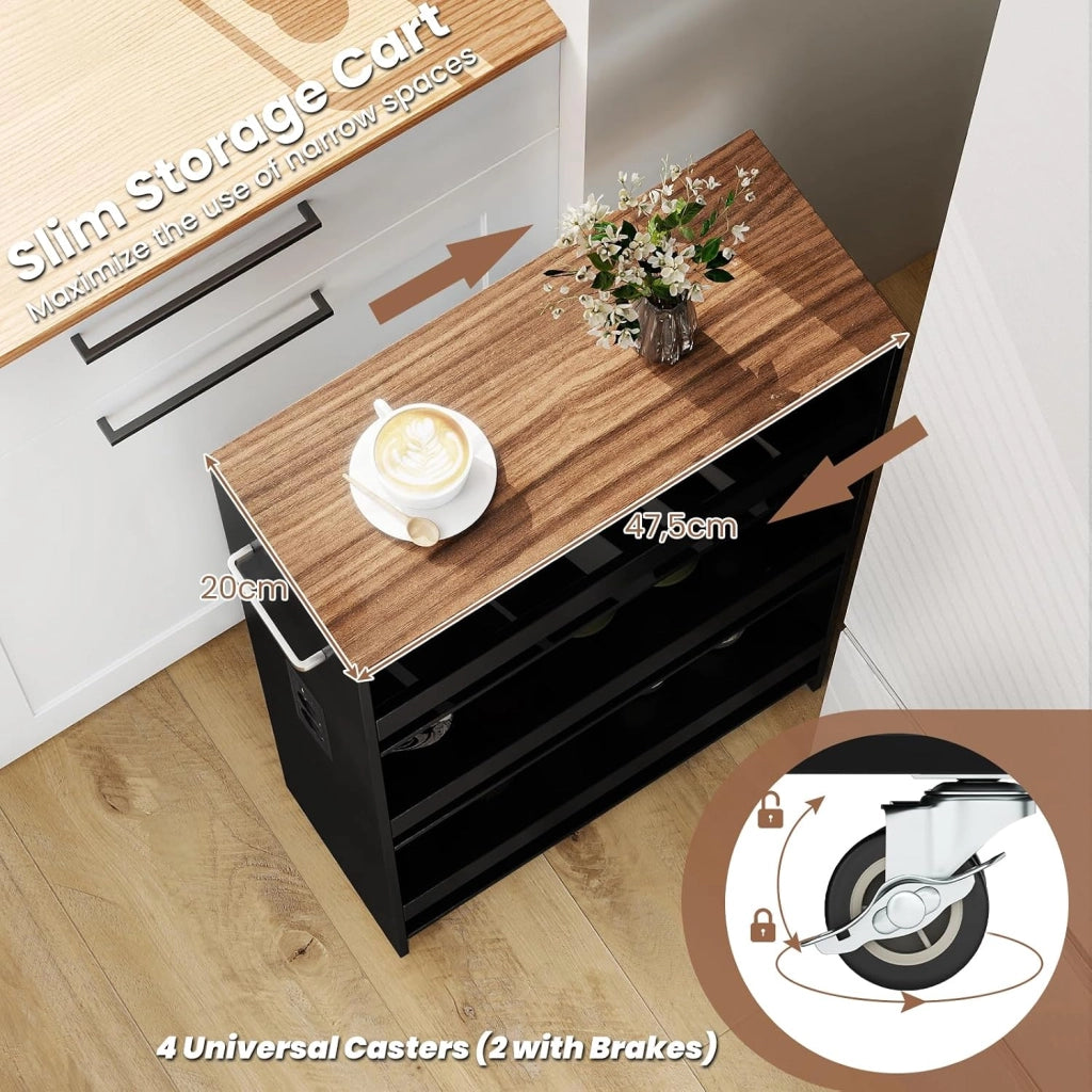 Carrello Portaoggetti a 4 Ripiani con Ruote Rirevoli a 360°, Carrellino Scorrevole con Maniglia Slim, da Bagno, Cucina, Lavanderia, 47,5 x 20 x 80,5 cm (Nero e Marrone, Con Presa)