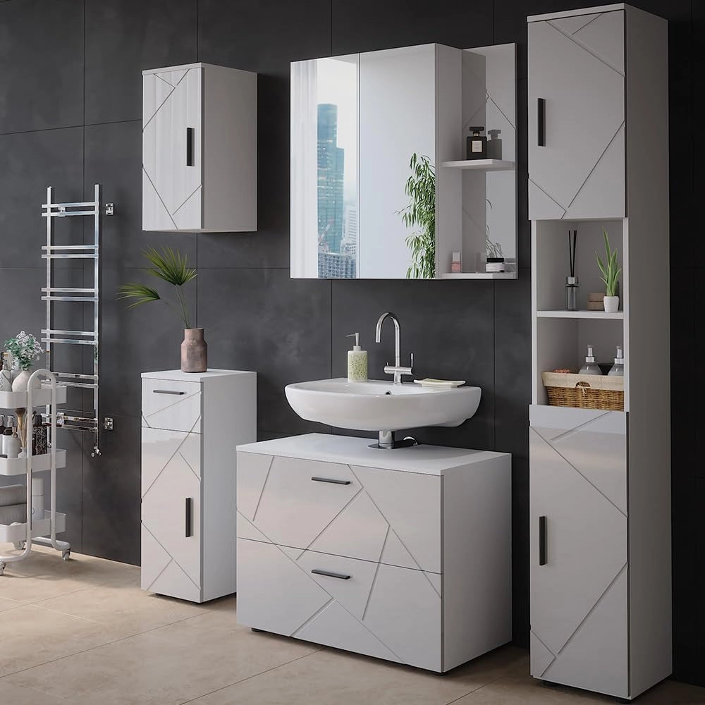 Mobile a specchio per il bagno Irma, Bianco lucido, 80 x 75 cm
