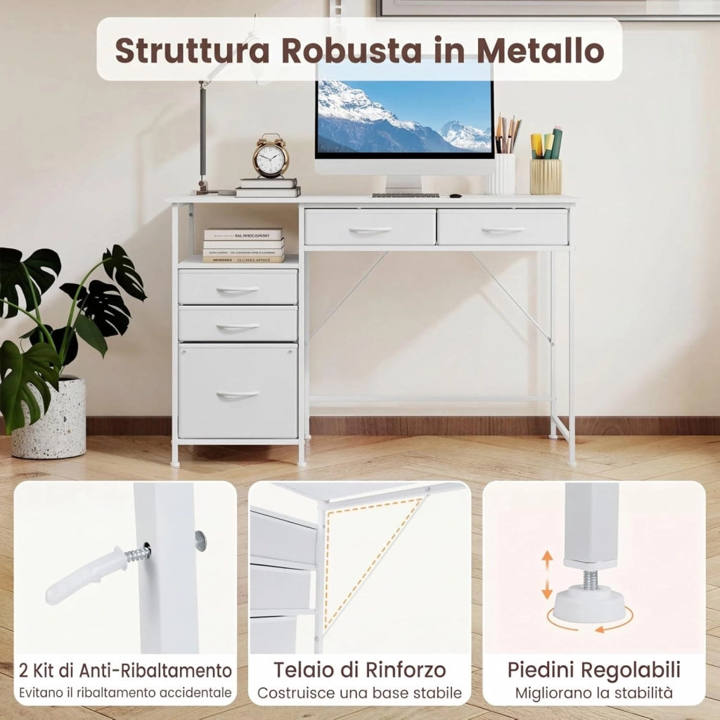 Scrivania per Computer 120 x 50 cm, Scrivania con Mensola, Cassetti in Tessuto e Struttura in Metallo, Scrittoio per PC per Ufficio, Camera da Letto e Studio (Bianco)
