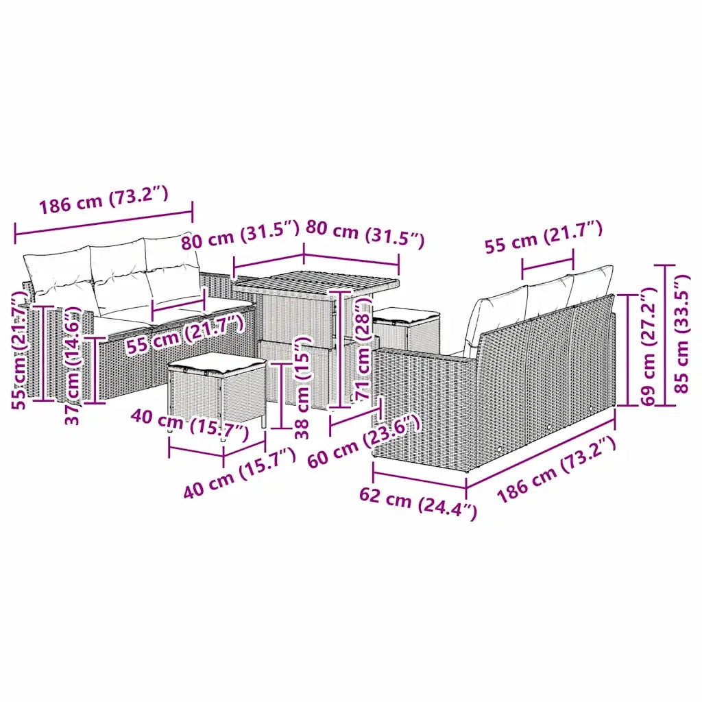 Set Divano da Giardino 9 pcs Nero polyrattan 3361565