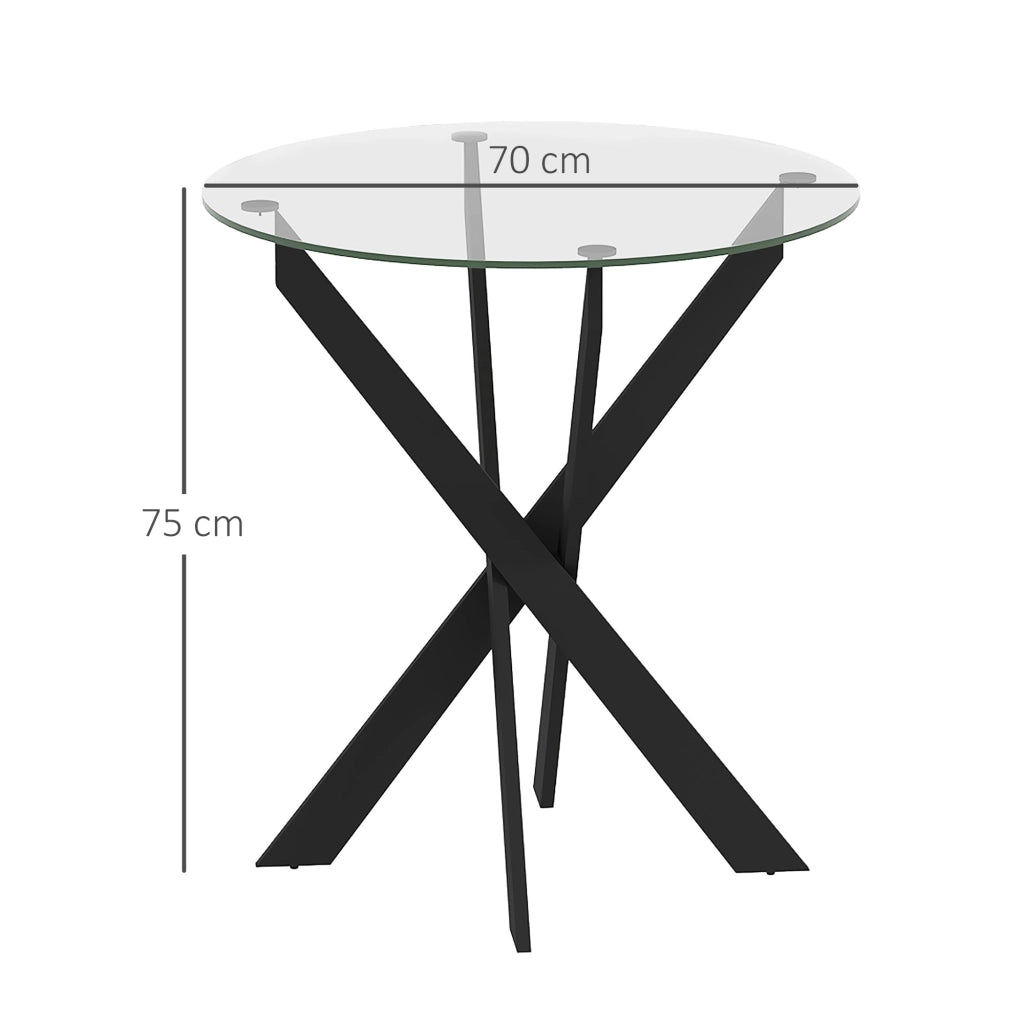 Tavolo da pranzo - rotondo per 4 - piano in vetro temperato - gambe in acciaio - Ø70x75 cm - nero+trasparente