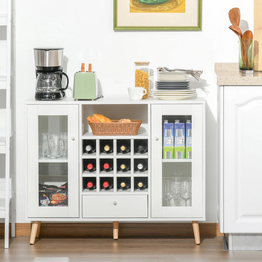 Mobile Cucina con Bottigliera, Cassetto e 2 Ante a Vetro ¨C zephmum ¨C Bianco 100x33x80 cm