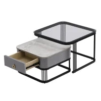 Set di 2 Tavolini da Salotto Impilabili con Piano in Marmo Lucido e Vetro, Struttura in Metallo e Cassetti, 60x60x42 cm + 50x50x34 cm, Nero