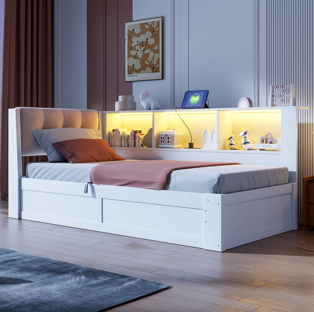 Letto a giorno 90x200 cm con contenitore idraulico, LED e USB