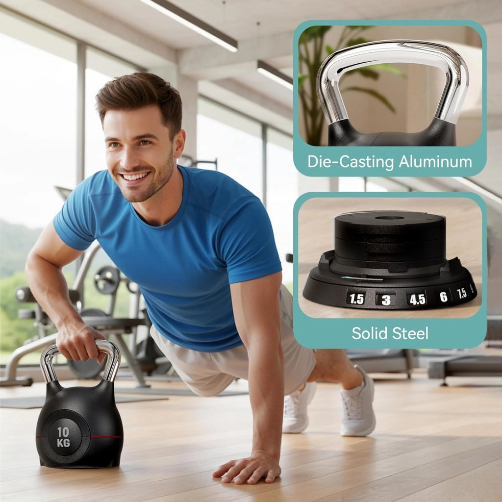 Kettlebell Regolabile 7 in 1, 20 kg Kettlebell con 7 Livelli di Peso, Manubrio per Allenamento a Casa & Fitness, Ideale per Allenamento Completo del Corpo, Compatto & Salvaspazio (Nero, 10kg)