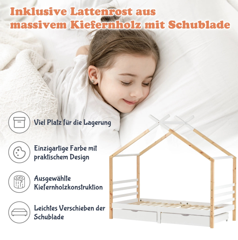 Letto a casetta per bambini con cassetti 90x200 cm; in pino massello e MDF; bianco
