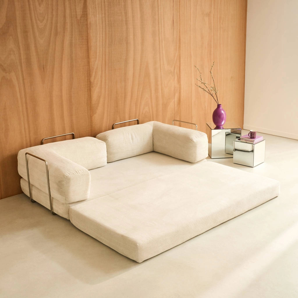 Divano letto futon in velluto a coste e struttura cromata, 3 posti,