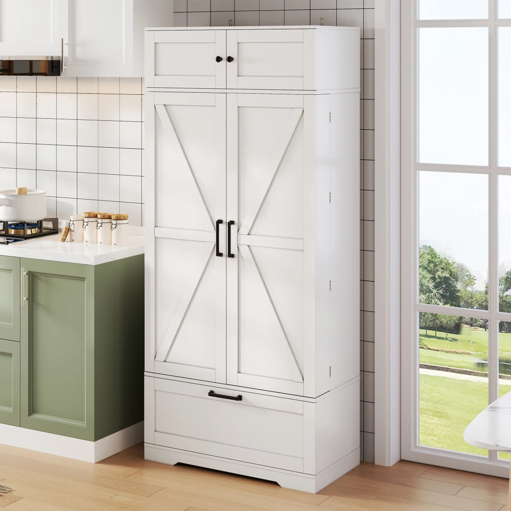 Credenza cucina freestanding 80x40x180 cm con cassetto, ripiani regolabili e portabottiglie, bianca