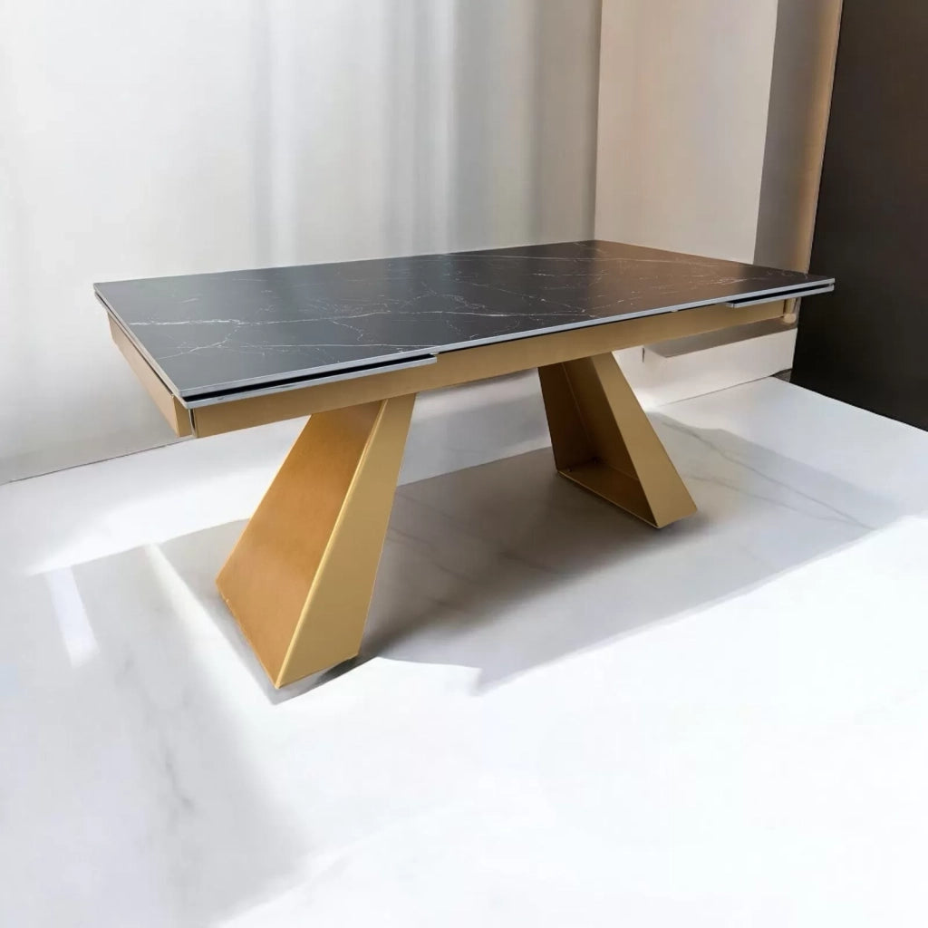Tavolo moderno allungabile piano nero effetto marmo gambe oro 160x90x78 - Mobili 2G
