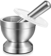 Vijzel con martelletto, acciaio inossidabile, piccola vijzel con coperchio, con fondo antiscivolo in silicone, macinatore per erbe, spezie e piante, facile da pulire, duraturo, diametro 10 cm