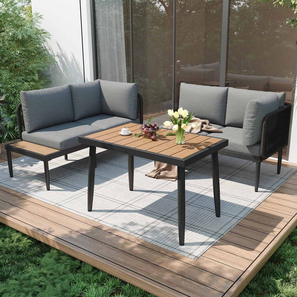 Set da Giardino Angolare con Tavolo ¨C MINIMAL ¨C Polyrattan Grigio, Acciaio Zincato