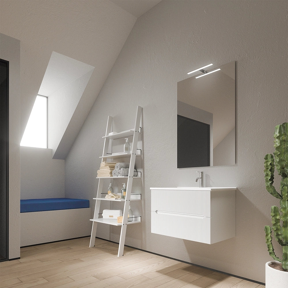 Mobile bagno sospeso 90cm cannettato bianco opaco con lavabo in ceramica e specchio | Kaindy
