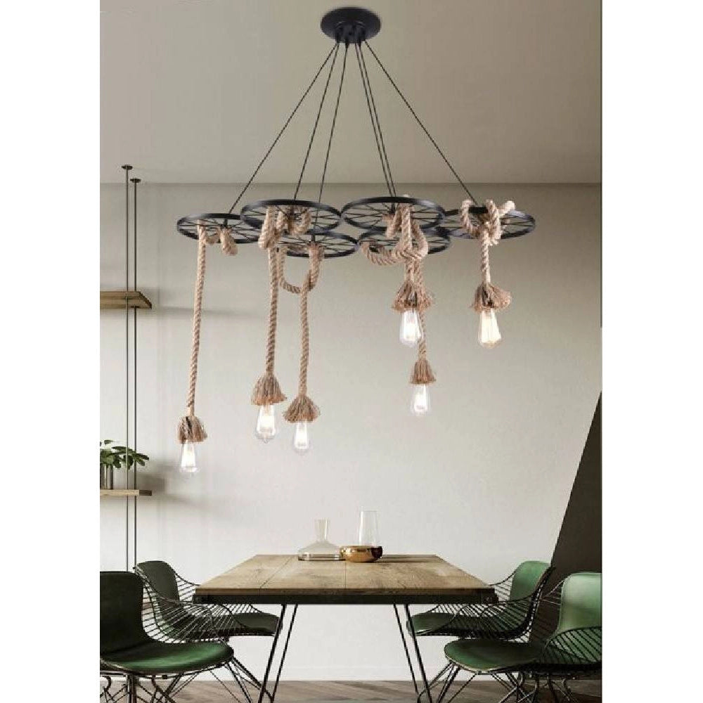 Trade Shop - Lampadario A Sospensione Con Corde Canapa 6 Portalampada E27 Retrò Country A89-6 -