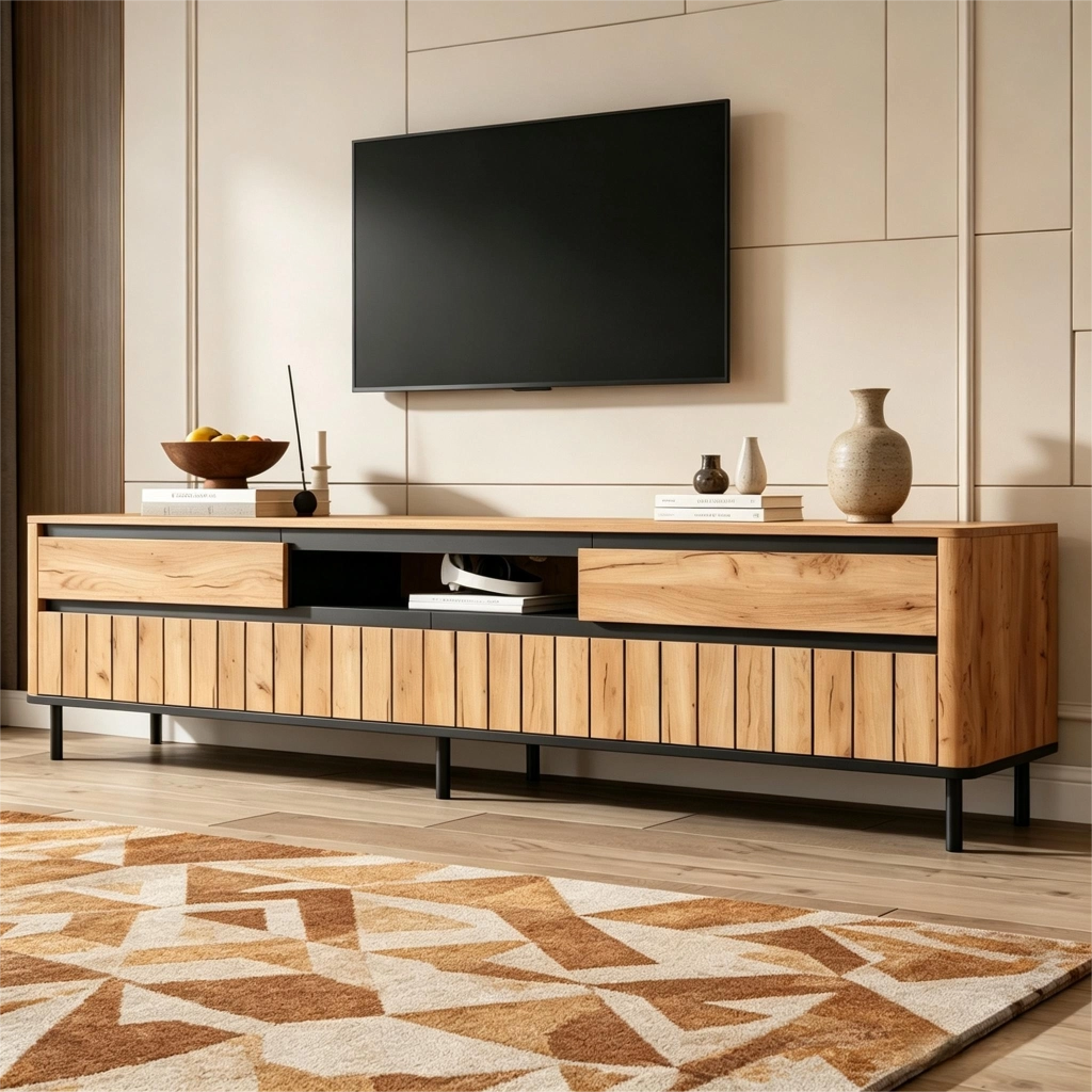 Mobile TV moderno 180x40x52 cm con 2 cassetti, 2 ante a ribalta e vano aperto, finitura rovere e nero