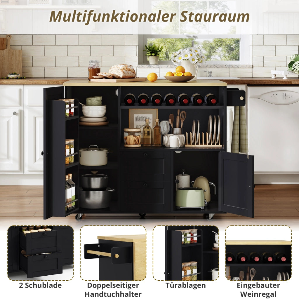 CARRELLO ISOLA CUCINA 104x45(69)x89 cm in MDF Natural/Black, piano ribaltabile