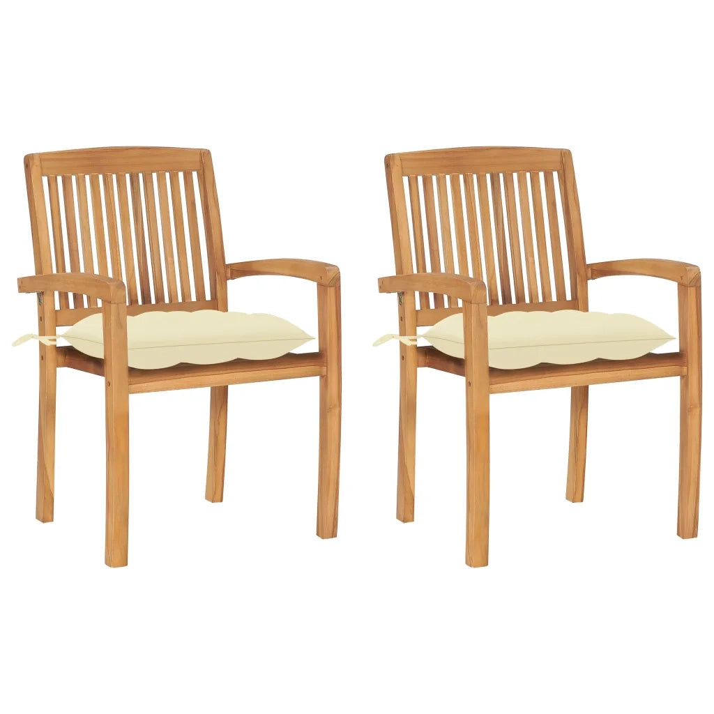 Sedie da Giardino 2pz con Cuscini Bianco Crema in Teak Massello