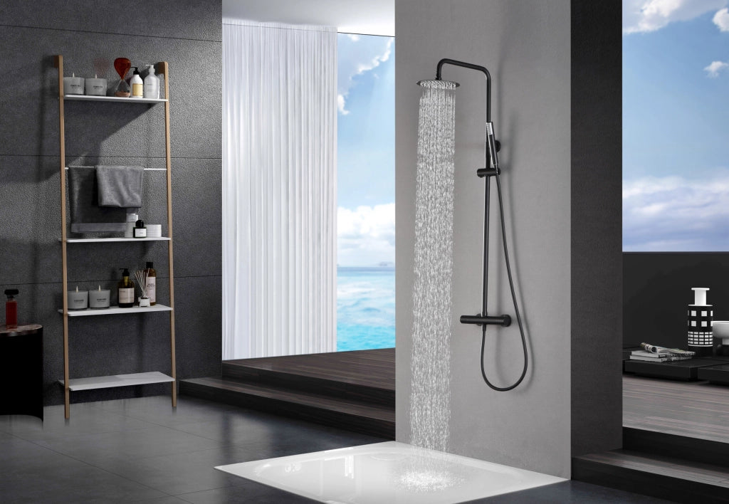 IMEX Colonna doccia termostatica Nero opaco Acciaio/Ottone, asta estensibile, soffione extra piatto Ø20 anticalcare, cartuccia TURN CLEAN SYSTEM, flessibile e maniglia, Monza Imex-BTM039-NG
