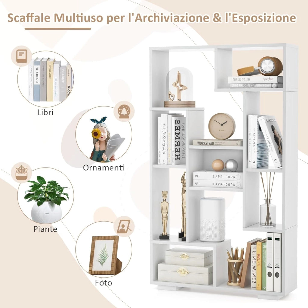 Libreria Geometrica 120 cm, Scaffale per Libri con Ripiani Aperti, Scaffale da Esposizione Moderno con Kit Anti-ribaltamento, Ideale per Casa Ufficio o Soggiorno (Bianco)