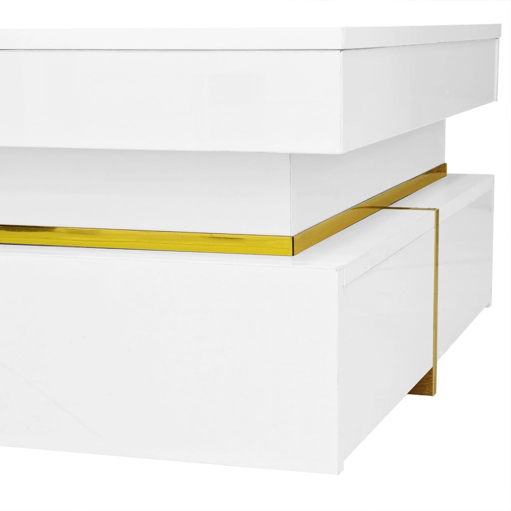 Tavolino da Salotto con 2 Cassetti e Dettagli Dorati; Finitura Lucida; Stile Moderno; in Pannello Truciolare; Bianco